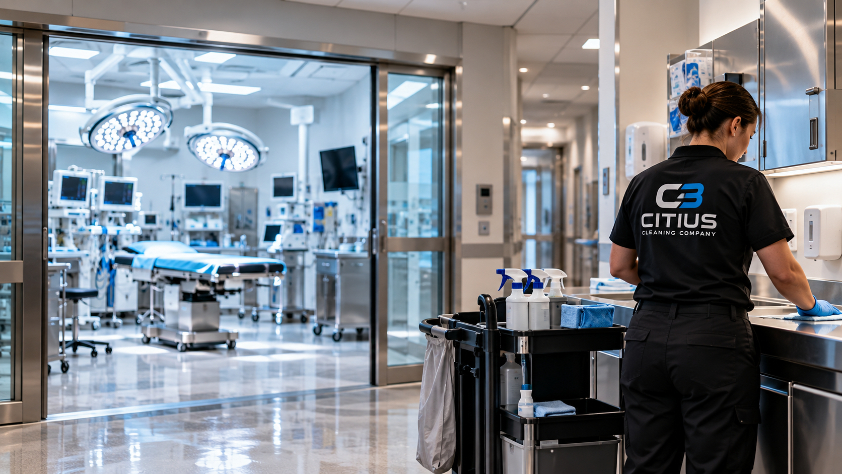 Citius cleaning specialist cleaning a healthcare facility outside a modern operating room